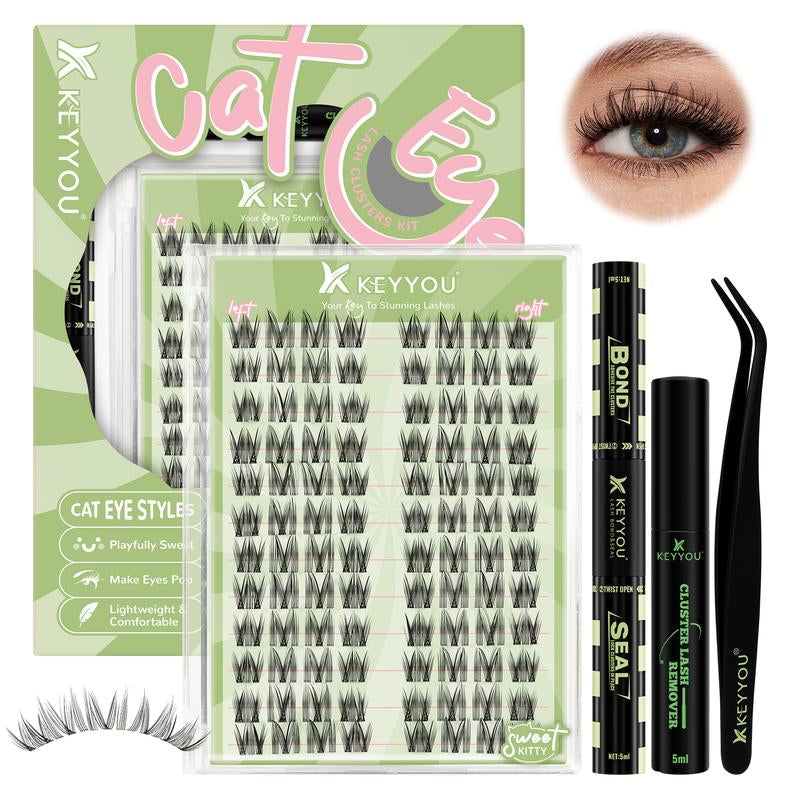 KEYYOU Cat Eye DIY Lash Extension Kit - Ultra-Thin Invisible Band, Waterproof, Long-Lasting Clusters; Beginner-Friendly Velvet Lashes