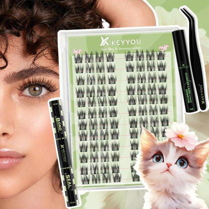 KEYYOU Cat Eye DIY Lash Extension Kit - Ultra-Thin Invisible Band, Waterproof, Long-Lasting Clusters; Beginner-Friendly Velvet Lashes
