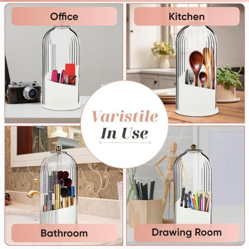 360-Degree Rotating Makeup Brush Organizer with Transparent Lid for Vanity, Bathroom, and Desktop Usage