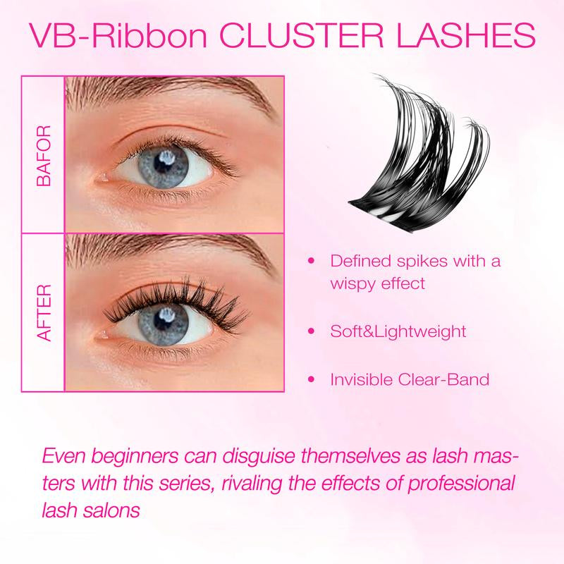 VEYESBEAUTY VB-Ribbon Cluster Individual Lash Extensions - Layered Wispy Faux Mink for Effortless DIY Application and Home Makeup