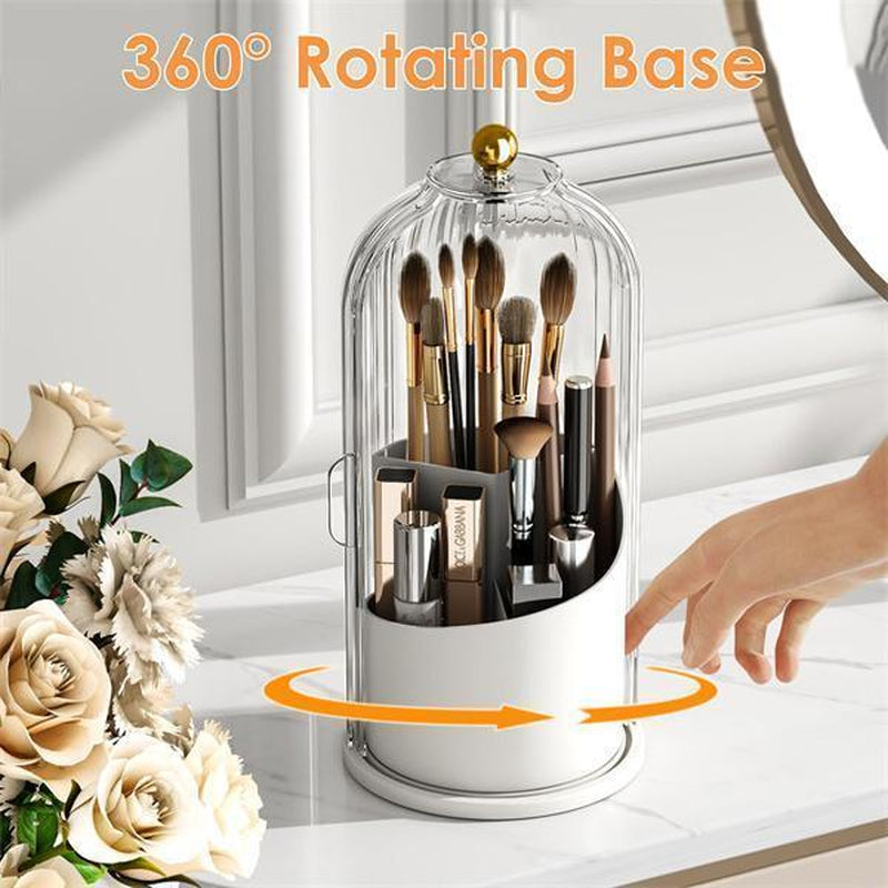 360-Degree Rotating Makeup Brush Holder with Lid - Clear, Dustproof Organizer for Vanity and Bathroom Countertops with Silicone Base and Pearl Design