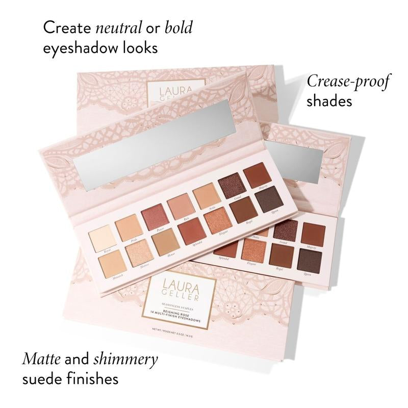 Reigning Rose 14-Color Multi-Finish Eyeshadow Palette: Highly Pigmented Glitter, Matte, and Suede Finishes