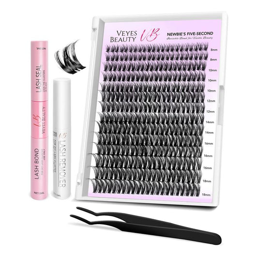 VEYESBEAUTY VB-Ribbon Cluster Individual Lash Extensions - Layered Wispy Faux Mink for Effortless DIY Application and Home Makeup
