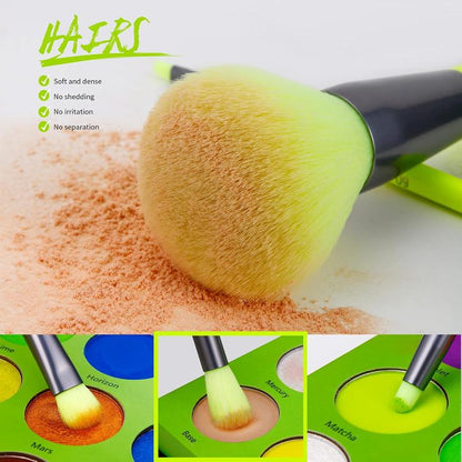 10-Piece Synthetic Kabuki Makeup Brush Set for Foundation, Contour, Blush, Concealer, and Eye Shadow - Neon Green