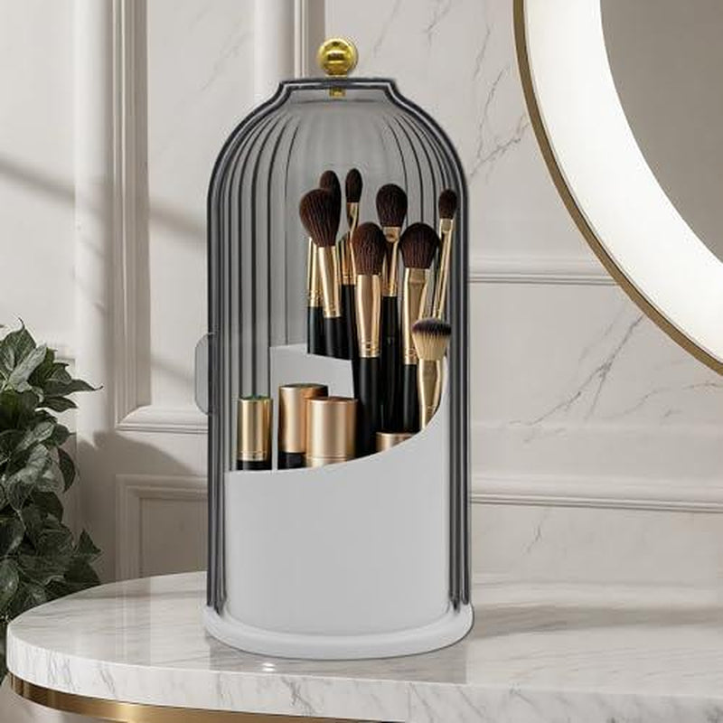 360-Degree Rotating Waterproof Makeup Brush Holder with Lid - Organizer for Vanity and Bathroom Countertop