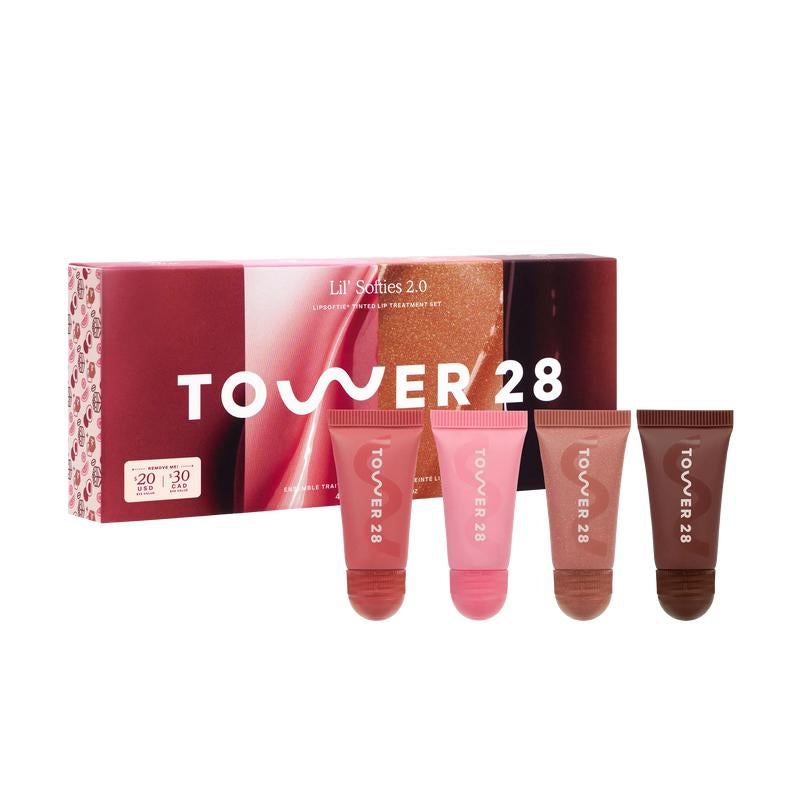 Tower 28 Lil' Softies Lip Treatment Set - Limited Edition Collection of 4 Mini Tubes Featuring New Shades Tiramisu and Iced Dulce De Leche - Moisturizing Lip Balms