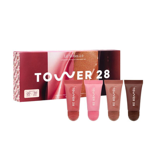 Tower 28 Lil' Softies Lip Treatment Set - Limited Edition Collection of 4 Mini Tubes Featuring New Shades Tiramisu and Iced Dulce De Leche - Moisturizing Lip Balms