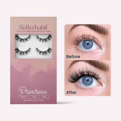 Flutterhabit Primrose Fluffy Cat Eye Cluster Lashes - DIY Lash Extensions, Medium Volume False Eyelashes, 6-Pair Set, Classic C Curl, Long-Wear Underlash Application for Cosmetic Makeup