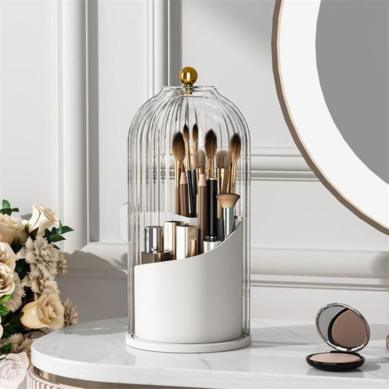 360-Degree Rotating Makeup Brush Holder with Lid - Clear, Dustproof Organizer for Vanity and Bathroom Countertops with Silicone Base and Pearl Design