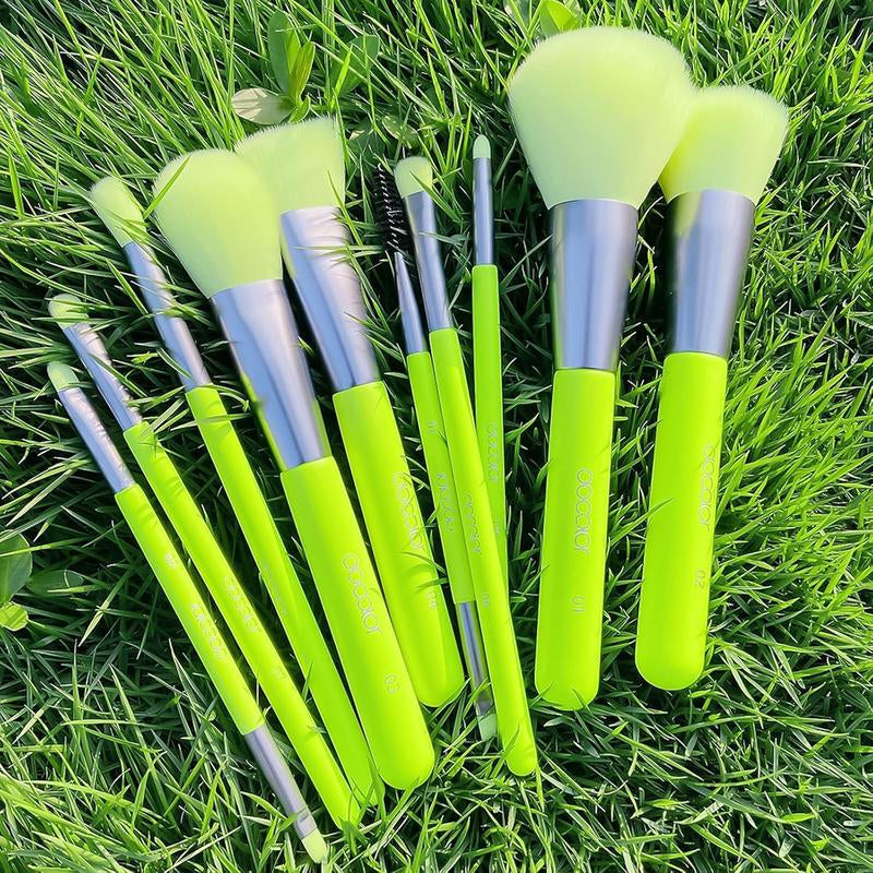 10-Piece Synthetic Kabuki Makeup Brush Set for Foundation, Contour, Blush, Concealer, and Eye Shadow - Neon Green