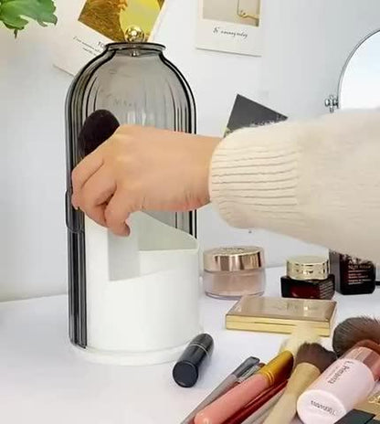 360-Degree Rotating Makeup Brush Holder with Lid - Clear, Dustproof Organizer for Vanity and Bathroom Countertops with Silicone Base and Pearl Design