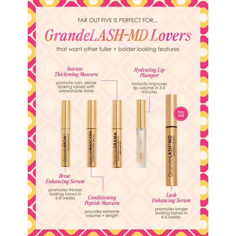The Far Out Five Set – Grande Cosmetics 5-Piece Makeup Collection Featuring Grandelash-MD, Grandebrow Serum, Grandedrama, Grandemascara, and Grandelips for Enhanced Lashes, Brows, and Lips