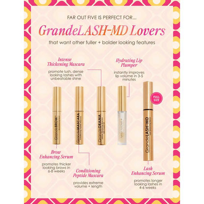 The Far Out Five Set – Grande Cosmetics 5-Piece Makeup Collection Featuring Grandelash-MD, Grandebrow Serum, Grandedrama, Grandemascara, and Grandelips for Enhanced Lashes, Brows, and Lips