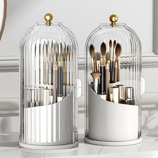 360-Degree Rotating Makeup Brush Organizer with Transparent Lid for Vanity, Bathroom, and Desktop Usage