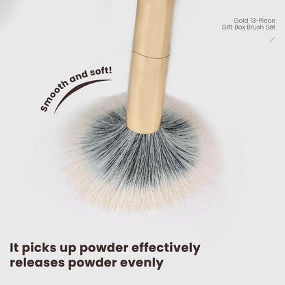 Gold 13-Piece Professional Makeup Brush Set - Ultra-Soft, Eco-Friendly Natural Hair Brushes - Perfect Gift Set and Easy to Clean