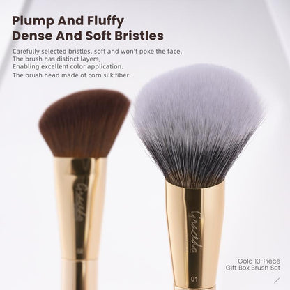 Gold 13-Piece Professional Makeup Brush Set - Ultra-Soft, Eco-Friendly Natural Hair Brushes - Perfect Gift Set and Easy to Clean