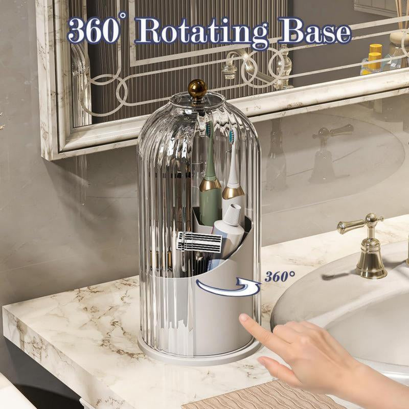 360-Degree Rotating Makeup Brush Organizer with Transparent Lid for Vanity, Bathroom, and Desktop Usage