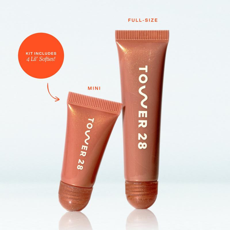 Tower 28 Lil' Softies Lip Treatment Set - Limited Edition Collection of 4 Mini Tubes Featuring New Shades Tiramisu and Iced Dulce De Leche - Moisturizing Lip Balms