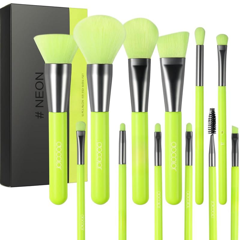 10-Piece Synthetic Kabuki Makeup Brush Set for Foundation, Contour, Blush, Concealer, and Eye Shadow - Neon Green