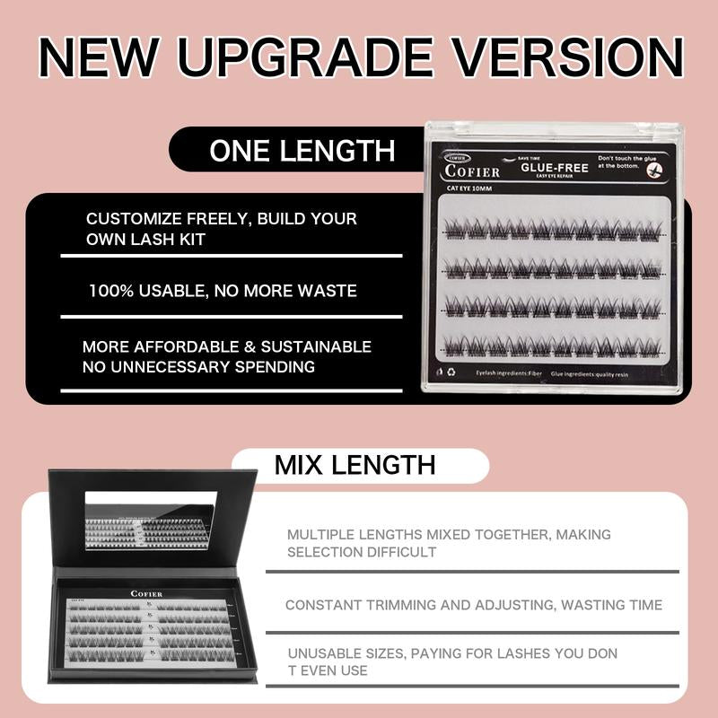 Cofier No-Glue Lash Clusters - 40 Piece Self-Adhesive Eyelash Set with Uniform Lengths (10/12/14mm) for Effortless, Natural Application Suitable for Beginners