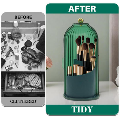 360-Degree Rotating Waterproof Makeup Brush Holder with Lid - Organizer for Vanity and Bathroom Countertop