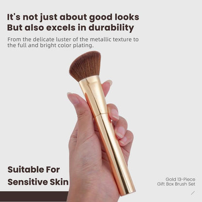 Gold 13-Piece Professional Makeup Brush Set - Ultra-Soft, Eco-Friendly Natural Hair Brushes - Perfect Gift Set and Easy to Clean