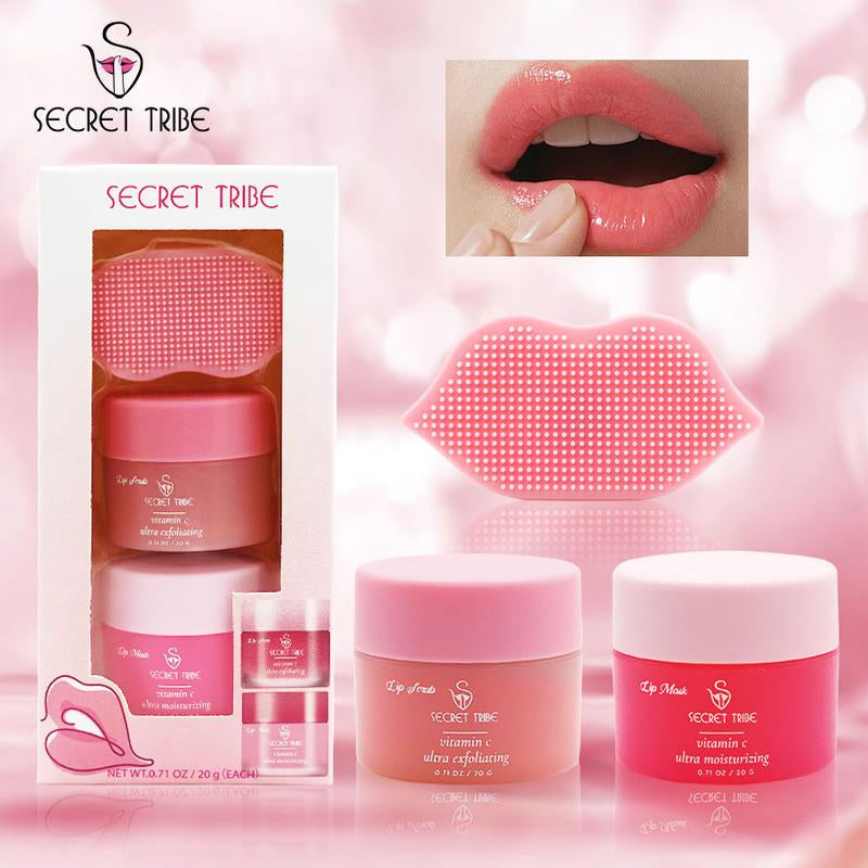 Secret Tribe Three-Piece Lip Care Set: Lip Mask, Lip Scrub, and Lip Brush - Ideal Mother's Day and Holiday Gift