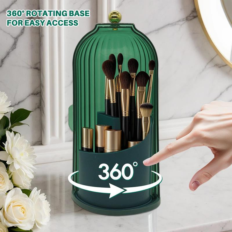 360-Degree Rotating Waterproof Makeup Brush Holder with Lid - Organizer for Vanity and Bathroom Countertop