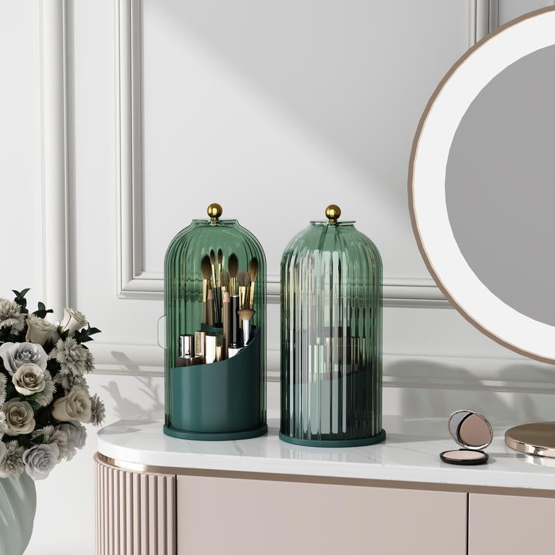 360-Degree Rotating Makeup Brush Holder with Lid - Clear, Dustproof Organizer for Vanity and Bathroom Countertops with Silicone Base and Pearl Design
