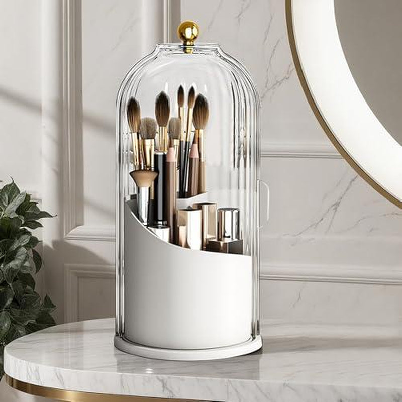 360-Degree Rotating Waterproof Makeup Brush Holder with Lid - Organizer for Vanity and Bathroom Countertop
