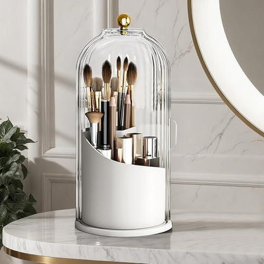 360-Degree Rotating Waterproof Makeup Brush Holder with Lid - Organizer for Vanity and Bathroom Countertop