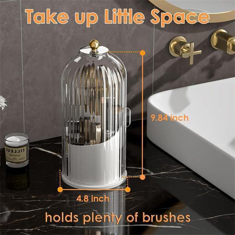360-Degree Rotating Makeup Brush Holder with Lid - Clear, Dustproof Organizer for Vanity and Bathroom Countertops with Silicone Base and Pearl Design