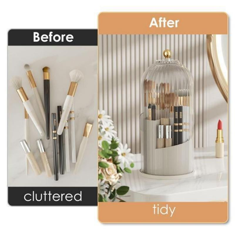 360-Degree Rotating Makeup Brush Organizer with Transparent Lid for Vanity, Bathroom, and Desktop Usage