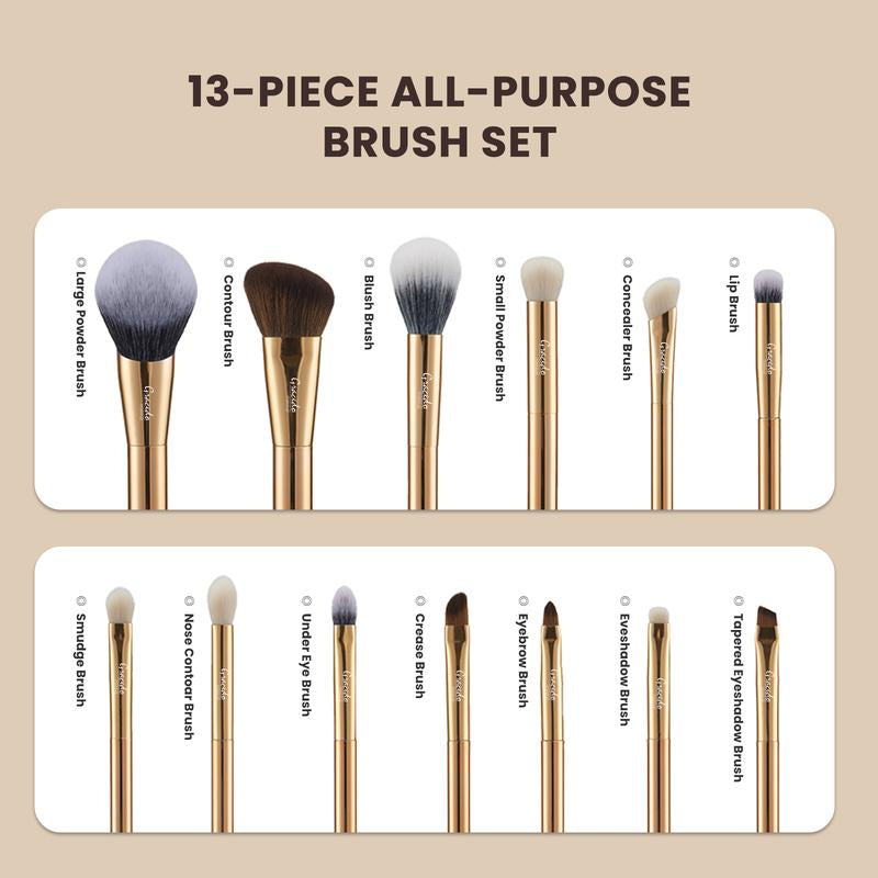 Gold 13-Piece Professional Makeup Brush Set - Ultra-Soft, Eco-Friendly Natural Hair Brushes - Perfect Gift Set and Easy to Clean