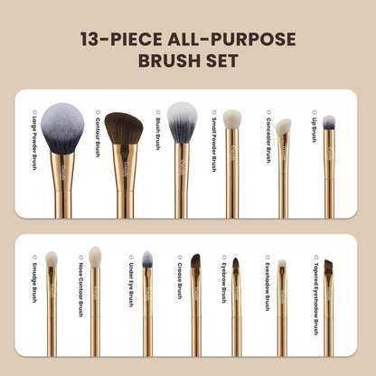 Gold 13-Piece Professional Makeup Brush Set - Ultra-Soft, Eco-Friendly Natural Hair Brushes - Perfect Gift Set and Easy to Clean