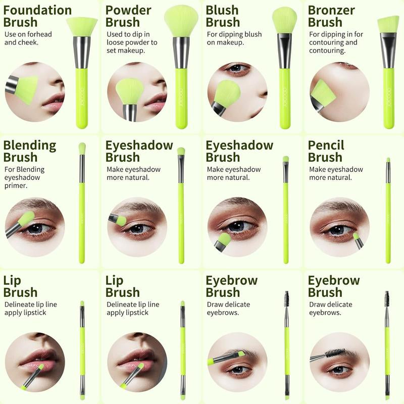 10-Piece Synthetic Kabuki Makeup Brush Set for Foundation, Contour, Blush, Concealer, and Eye Shadow - Neon Green