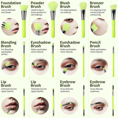 10-Piece Synthetic Kabuki Makeup Brush Set for Foundation, Contour, Blush, Concealer, and Eye Shadow - Neon Green