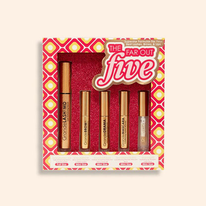 The Far Out Five Set – Grande Cosmetics 5-Piece Makeup Collection Featuring Grandelash-MD, Grandebrow Serum, Grandedrama, Grandemascara, and Grandelips for Enhanced Lashes, Brows, and Lips