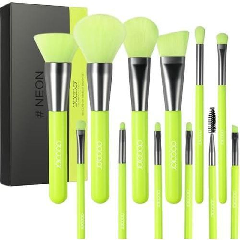 10-Piece Synthetic Kabuki Makeup Brush Set for Foundation, Contour, Blush, Concealer, and Eye Shadow - Neon Green