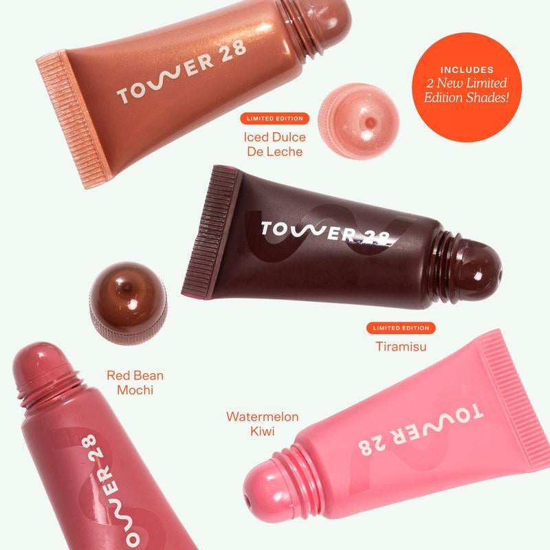 Tower 28 Lil' Softies Lip Treatment Set - Limited Edition Collection of 4 Mini Tubes Featuring New Shades Tiramisu and Iced Dulce De Leche - Moisturizing Lip Balms
