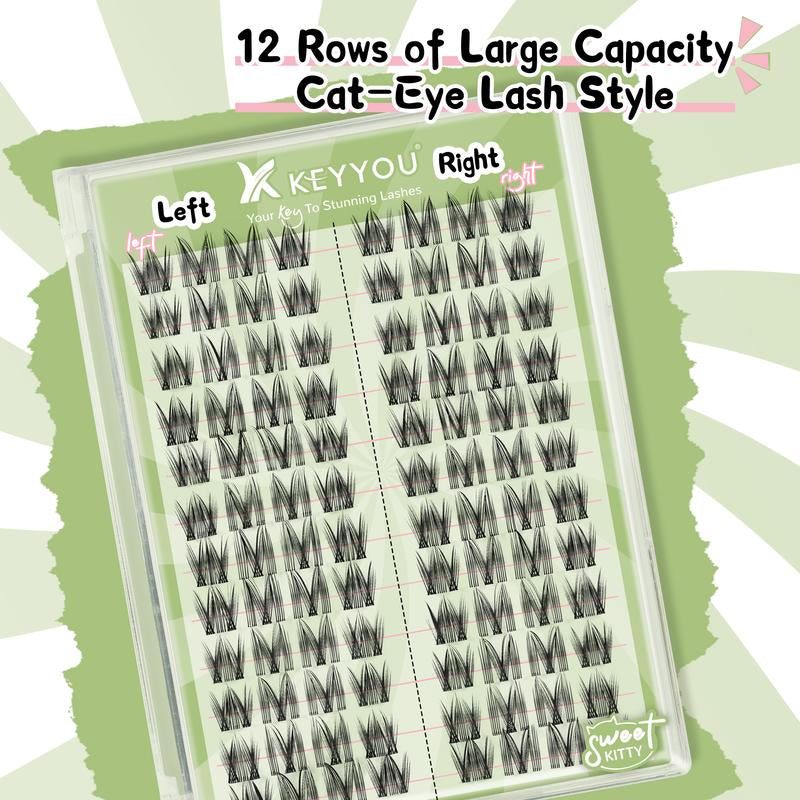 KEYYOU Cat Eye DIY Lash Extension Kit - Ultra-Thin Invisible Band, Waterproof, Long-Lasting Clusters; Beginner-Friendly Velvet Lashes