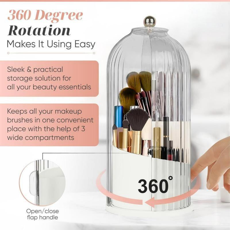 360-Degree Rotating Makeup Brush Organizer with Transparent Lid for Vanity, Bathroom, and Desktop Usage